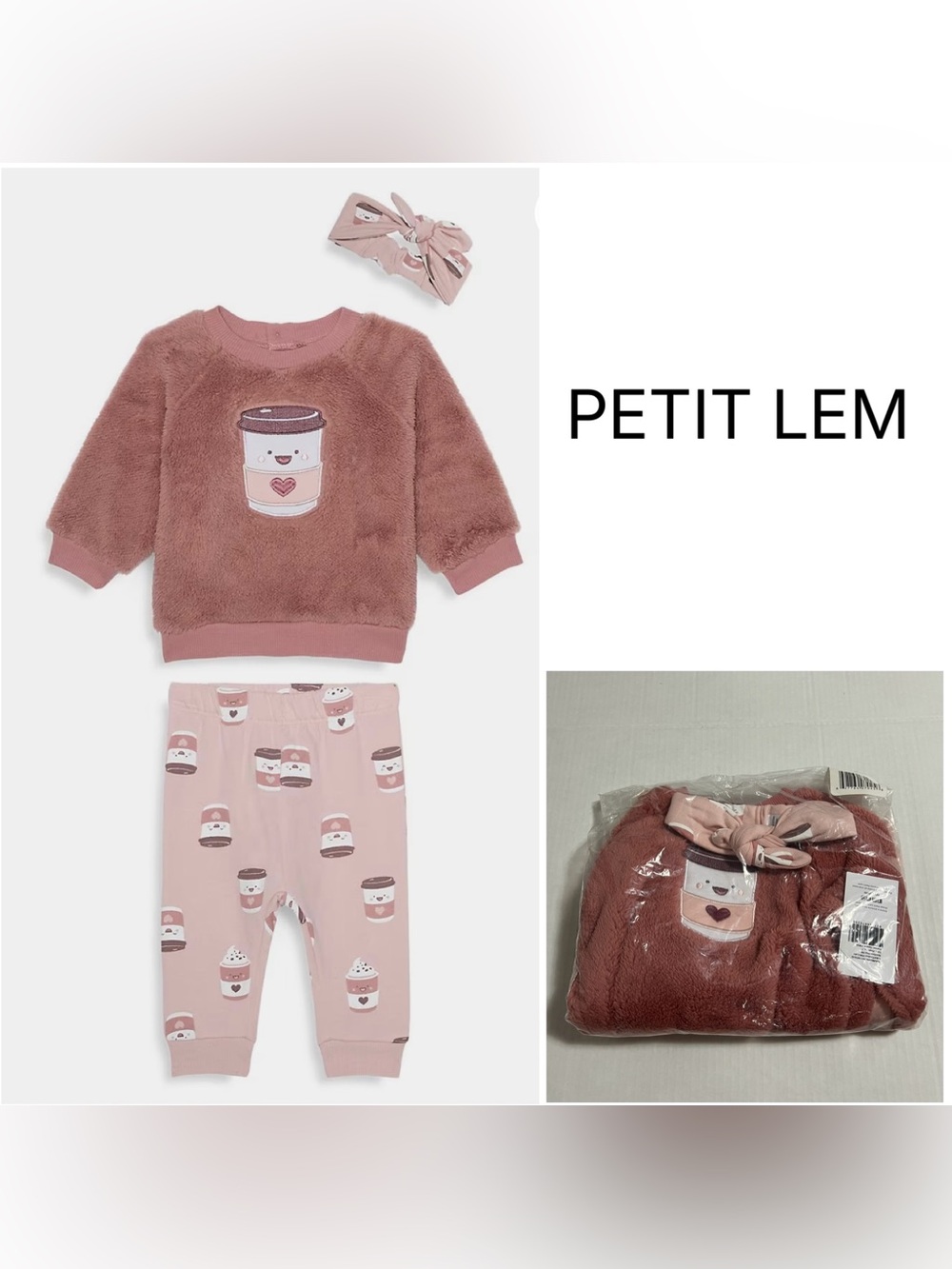 PETIT LEM - 6M - NWT - INFANT GIRLS 3PC PINK COFFEE / LATTE OUTFIT SET